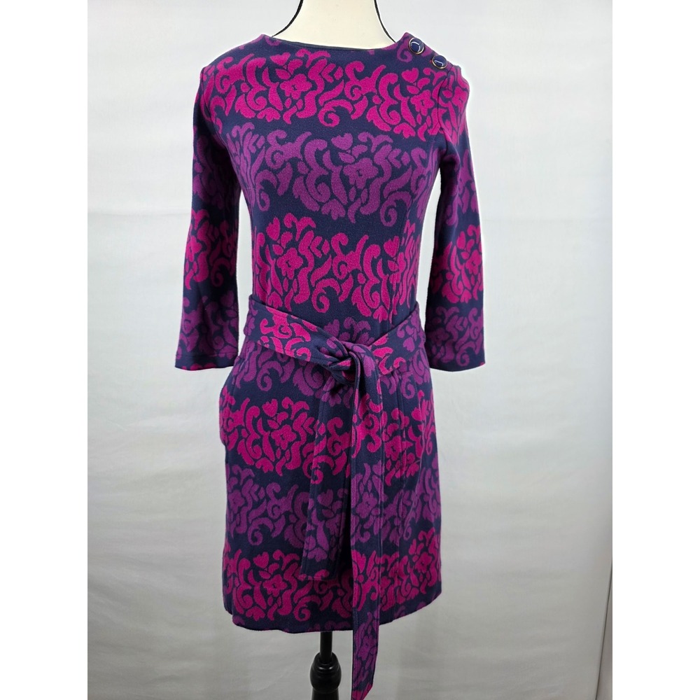 Lilly Pulitzer Womens Pink Navy Damask Knit Belted Sheath Dress XS 3/4 Sleeve
